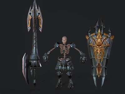 Game Movie Character Fantasy Skeleton Warrior In Detailed Armor With Spiked Spear And Ornate Shield 3d model