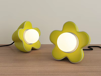 Two Flower Shaped Yellow Table Lamps Lit On Wooden Tabletop 3d model