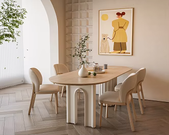 Cream style dining table and chair long table dining chair decorative painting 3d model