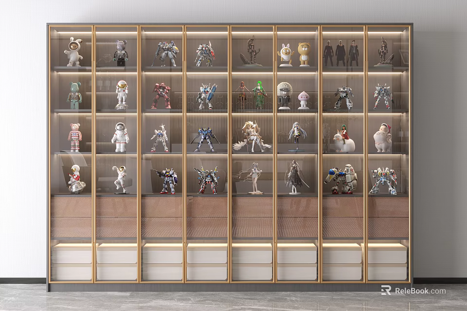Modern Display Cabinet Shelf with Layered Glass Doors and Metal Frame for Collectible Model Figures 3d model 
