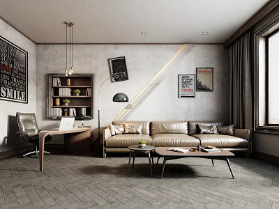 Modern Industrial Living Room With Leather Sofa Coffee Table Hanging Lamp And Vintage Posters 3d model