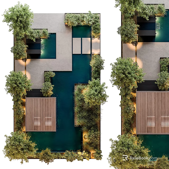 Serene Courtyard Garden Design With Lush Green Plants Water Feature And Wooden Deck 3d model 