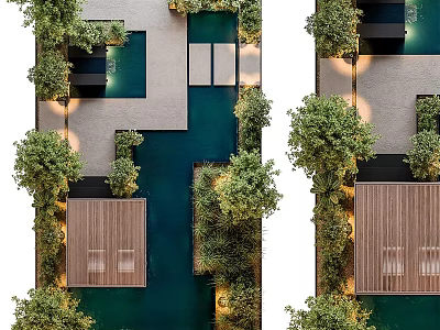 Serene Courtyard Garden Design With Lush Green Plants Water Feature And Wooden Deck 3d model