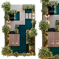 Serene Courtyard Garden Design With Lush Green Plants Water Feature And Wooden Deck
