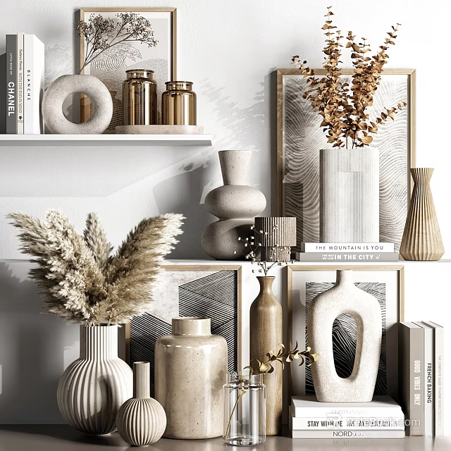 Decorative Ornament Collection Featuring Ceramic Vases Dried Plants And Neutral Shelf 3d model 