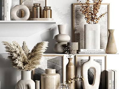 Decorative Ornament Collection Featuring Ceramic Vases Dried Plants And Neutral Shelf 3d model