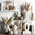 Decorative Ornament Collection Featuring Ceramic Vases Dried Plants And Neutral Shelf