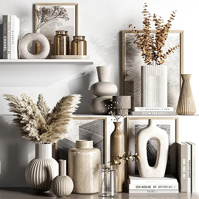 Decorative Ornament Collection Featuring Ceramic Vases Dried Plants And Neutral Shelf 3d model