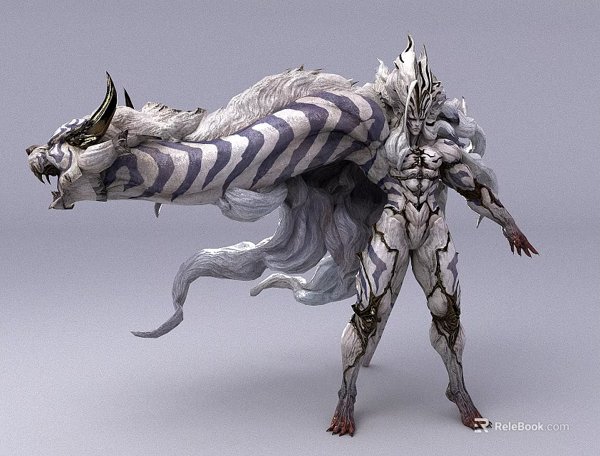 Mythical Game Movie Character With Horned Head Striped Tail Muscular Body And White Gray Fur 3d model 