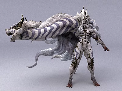 Mythical Game Movie Character With Horned Head Striped Tail Muscular Body And White Gray Fur 3d model