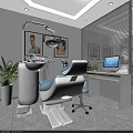 Modern Dental Clinic Interior With Dental Chair Medical Equipment Computer Plants And White Blinds