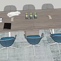 Modern Rectangular Conference Table With Blue Cushioned Chairs And Water Bottles Documents In Office