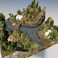 Mountain River Scene With Wooden Bridge White Houses Grass And Rocks