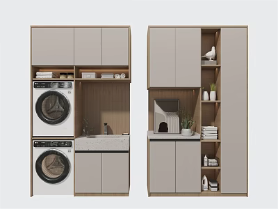 Modern Bathroom Cabinetry With Washing Machine Dryer Sink And Storage Shelves 3d model