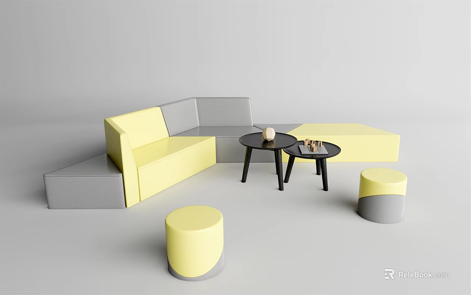 L shaped Yellow and Gray Sofa and Coffee Table Set With Round Stools 3d model