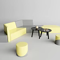 L shaped Yellow and Gray Sofa and Coffee Table Set With Round Stools 3d model