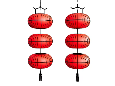 Two Traditional Red Hanging Lanterns with Three Round Sections Each and Black Tassels 3d model