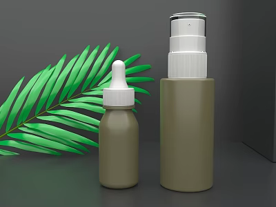 Natural Perfume Cosmetics Featuring Olive Green Dropper And Pump Bottles With Green Leaf 3d model