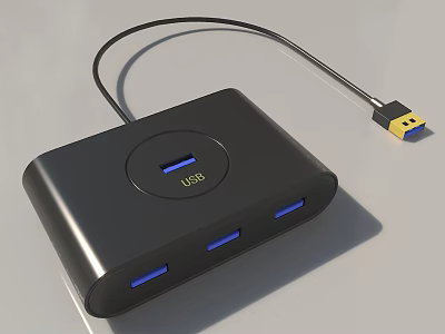 Black USB Hub With Multiple USB 3.0 Ports For Computer Connectivity 3d model