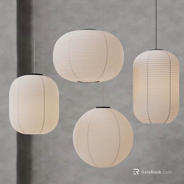 Four White Paper Pendant Lights of Various Shapes Hanging Against Gray Wall 3d model 