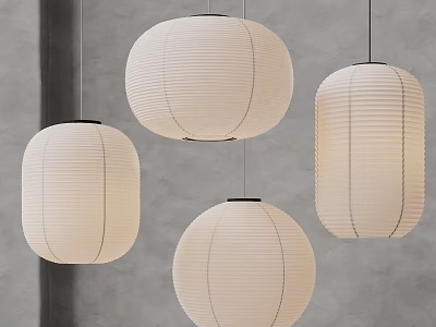 Four White Paper Pendant Lights of Various Shapes Hanging Against Gray Wall 3d model