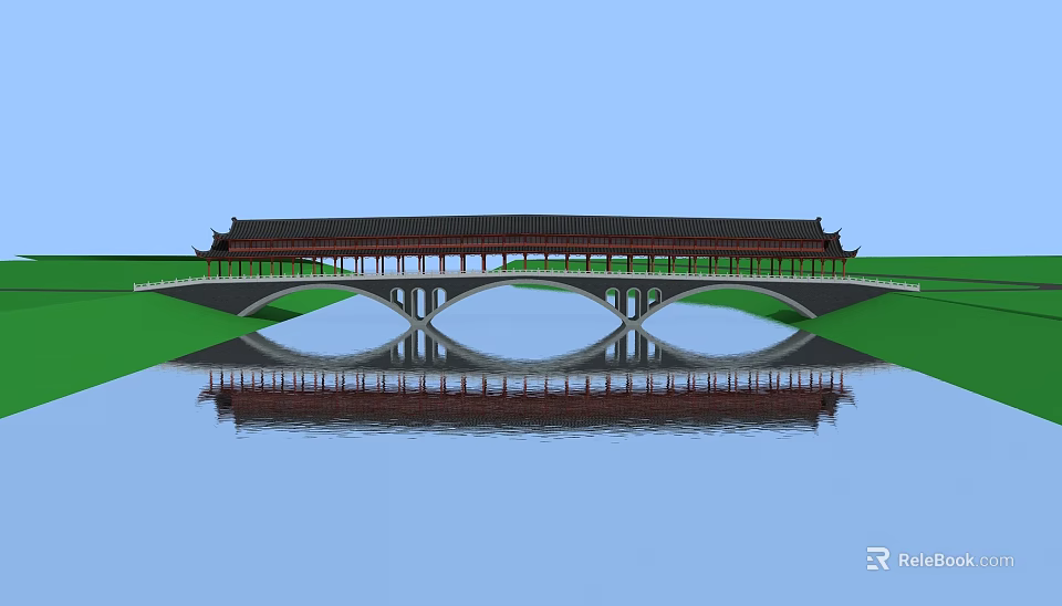 Scenic Traditional Chinese Landscape Bridge with Arch Structure Water Reflection and Greenery 3d model 
