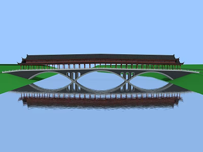 Scenic Traditional Chinese Landscape Bridge with Arch Structure Water Reflection and Greenery 3d model