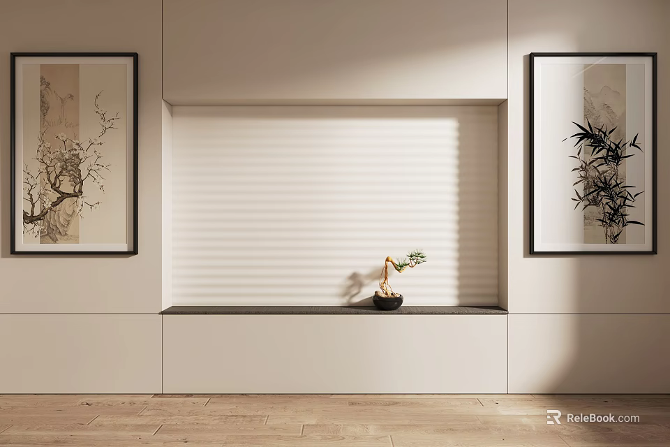 Modern Minimalist Interior With Light Colored Wall Decorative Paintings And Potted Plant 3d model 