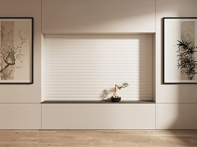 Modern Minimalist Interior With Light Colored Wall Decorative Paintings And Potted Plant 3d model