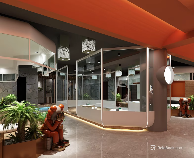 Modern SPA Sauna Interior With Orange Ceiling Glass Partitions Pool And Green Plants 3d model 