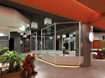Modern SPA Sauna Interior With Orange Ceiling Glass Partitions Pool And Green Plants 3d model
