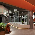 Modern SPA Sauna Interior With Orange Ceiling Glass Partitions Pool And Green Plants