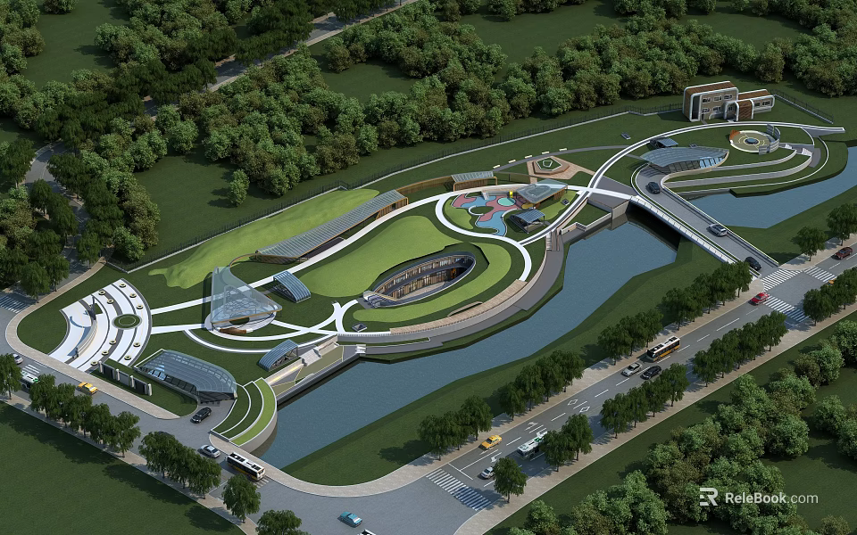 Scenic Park Landscape With Curved Paths Green Lawns Rivers Bridges And Buildings 3d model 