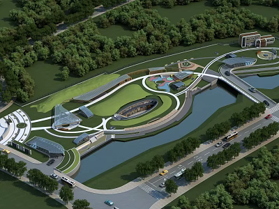 Scenic Park Landscape With Curved Paths Green Lawns Rivers Bridges And Buildings 3d model