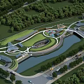 Scenic Park Landscape With Curved Paths Green Lawns Rivers Bridges And Buildings