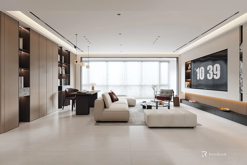 Modern Living And Dining Room Interior With Spacious Layout Large Windows Sofa And TV Wall 3d model