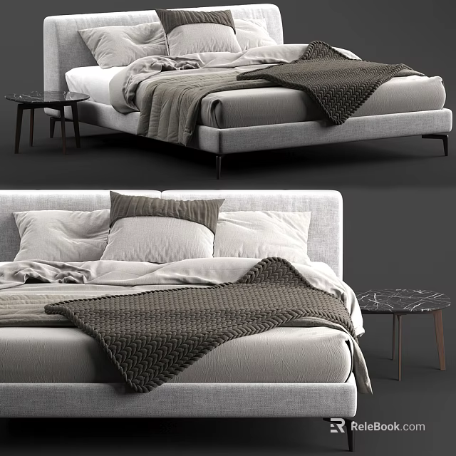 Modern Double Bed Interior With Upholstered Frame Linen Blanket Plush Pillows And Wooden Nightstand 3d model 