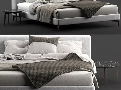 Modern Double Bed Interior With Upholstered Frame Linen Blanket Plush Pillows And Wooden Nightstand 3d model