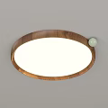 Modern Round Wooden Frame Ceiling Light With White Lampshade On Gray Textured Ceiling