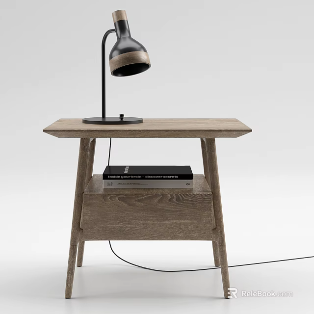 Simple Modern Wooden Nightstand With Drawer Table Lamp And Stacked Books 3d model 
