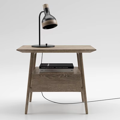 Simple Modern Wooden Nightstand With Drawer Table Lamp And Stacked Books 3d model