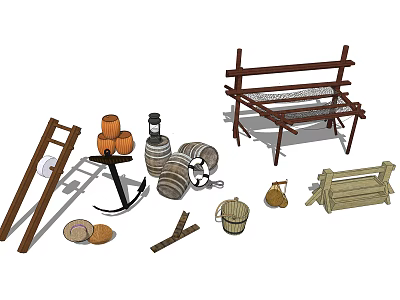 Vintage Industrial Equipment Including Loom Wooden Barrels Ladders And Anchor 3d model