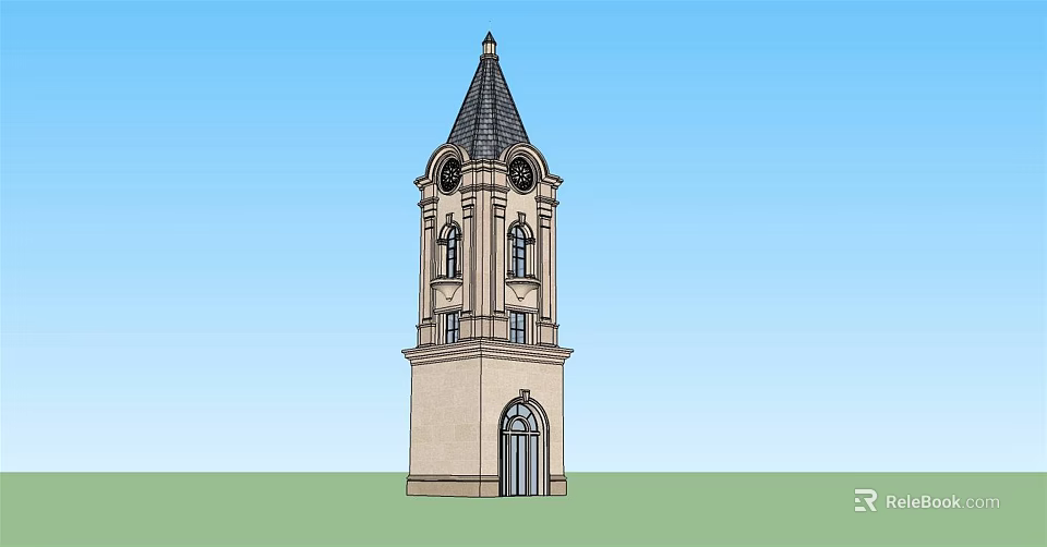 Classical Beige Tower Design With Spire Clock Windows And Door 3d model 