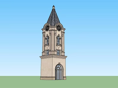 Classical Beige Tower Design With Spire Clock Windows And Door 3d model