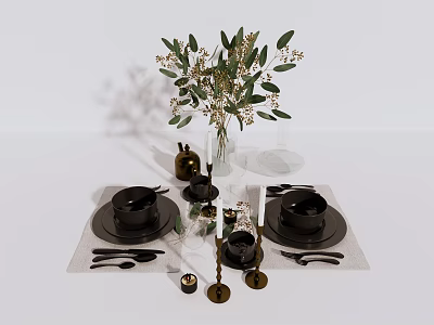 Elegant Tableware Set with Black Plates Bowls Golden Candle Holders Green Plants and White Placemats 3d model