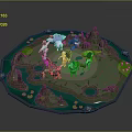Futuristic Sci-Fi Scene Featuring Circular Platform Water Islands Rocky Mountains And Colorful Characters