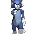 3D Animated Game Movie Blue Cat Character With Yellow Eyes Pointing Forward