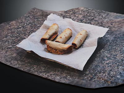 Four Golden Crispy Spring Rolls on White Paper Towel Granite Table 3d model