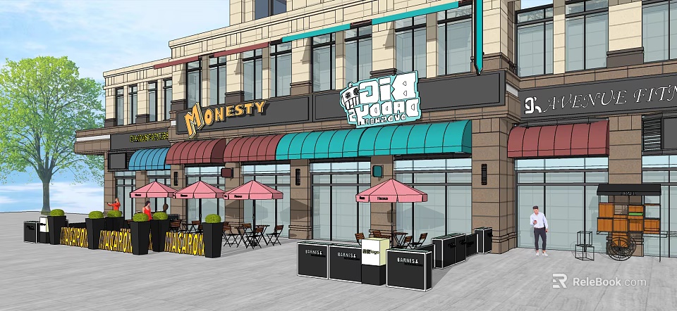 Vibrant Commercial Street With Colorful Awnings Shopfronts Outdoor Seating Pink Umbrellas And Pedestrians 3d model 
