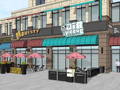 Vibrant Commercial Street With Colorful Awnings Shopfronts Outdoor Seating Pink Umbrellas And Pedestrians 3d model